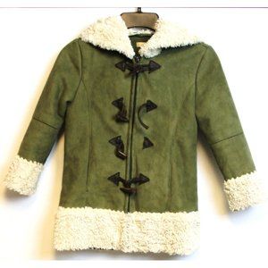 Wilsons Leather Kids Hooded Coat sz S Navy Green Faux Suede Fluffy Sherpa Winter